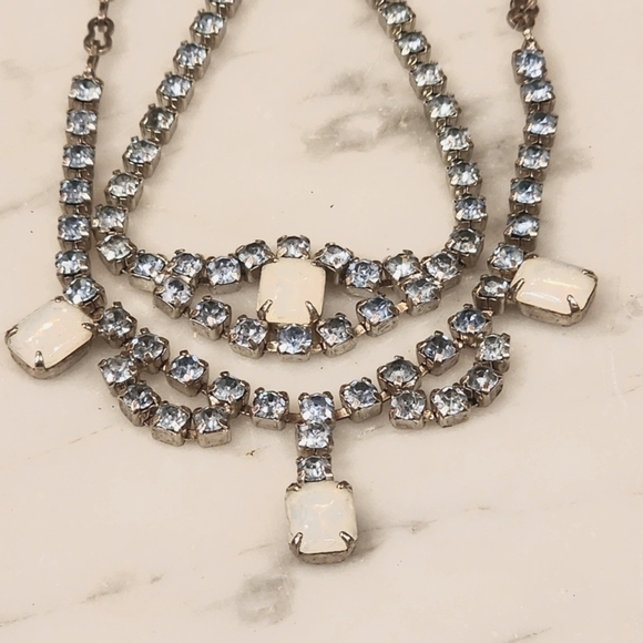 Vintage Jewelry - 15" Vintage Rhinestone Choker Necklace & Bracelet Demi Parure Blue Opalescent